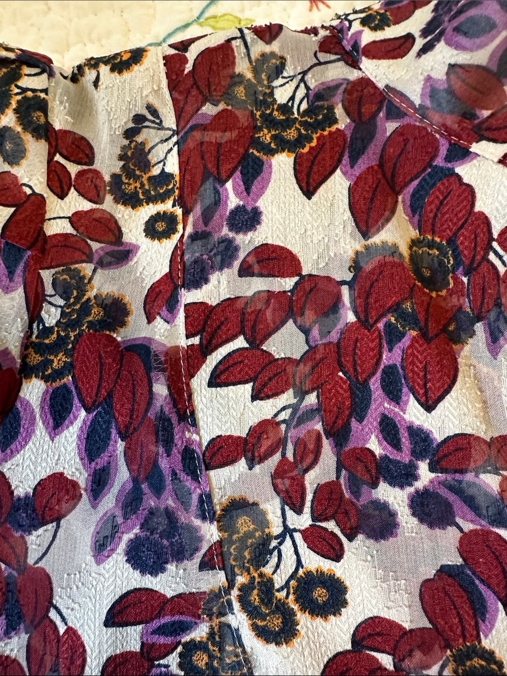 Ann Taylor Cream Blouse with Maroon and Purple Leaf Print and Neck Tie - Picture 7 of 13